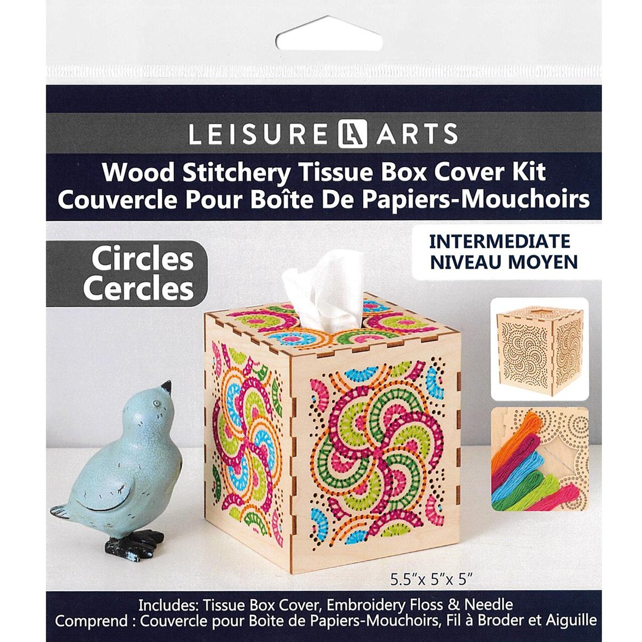 Wood Stitched String Art Kit with square Tissue Box, wooden stitchery kits for craft embroidery, perfect for intermediate skill level, completed size is 5.5" x 5" x 5"